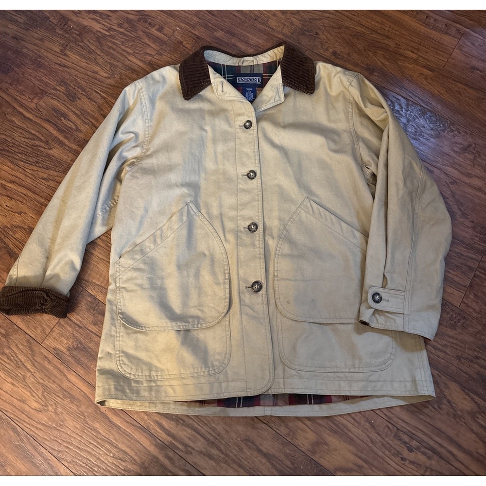 Lands End Paid Flannel Lined Corduroy Collar Chore Barn Jacket Khaki/Brown L